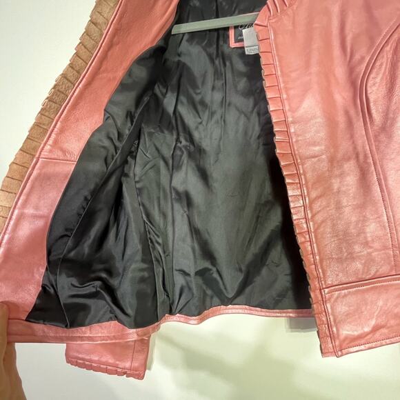 VTG Arella Leather and Sportswear Pink Coral Leather Open Front Jacket Small EUC - Picture 5 of 13